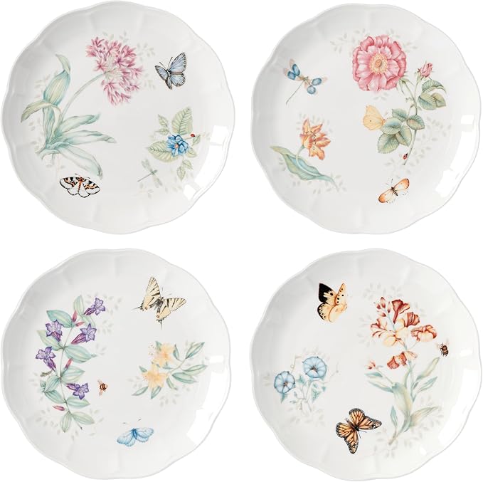 Lenox Dinnerware Set, Butterfly Meadow 4-Piece Dinner Plate Set, Service For 4, Porcelain Dinnerware With Scalloped Rim, Microwave And Dishwasher Safe, Dish sets, Home And Kitchen (Assorted, 4 Pieces) by Lenox