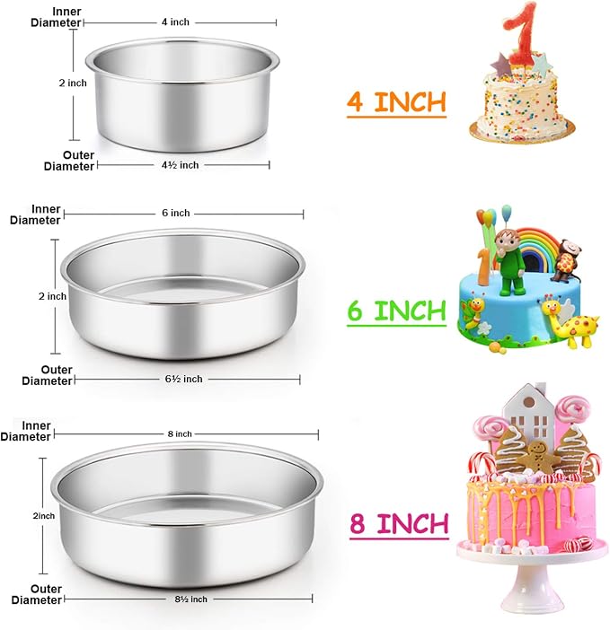 E-far Cake Pan Set of 3 (4 inch/6 inch/8 inch), Stainless Steel Small Round Layer Cake Baking Pans, Perfect for Tier Smash Cake, Non-Toxic & Healthy, Mirror Finish & Dishwasher Safe - Image 2