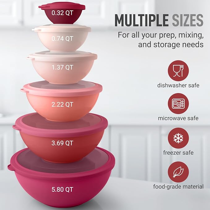 Zulay Kitchen 12 Piece Plastic Mixing Bowls with Lids Set - Leak-Proof Microwave & Freezer Safe Stackable Mixing Bowl Set for Preparing, Serving and Storing - Non-Slip Large Nesting Bowls (Red Ombre) - Image 3
