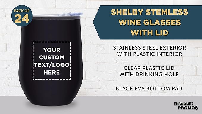 Custom Stemless Wine Tumblers 12 oz. Set of 24, Personalized Bulk Pack - Insulated, Perfect for Wine, Cocktails, Other Hot & Cold Beverages - Black