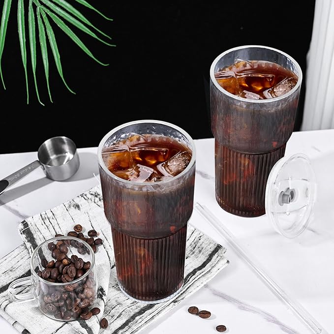 20oz Glass Tumblers with Lids and Straws,1PCS Glass Cups with Lids and Straws,Iced Coffee Cups with Lid,Drinking Glasses for Juice, Smoothies