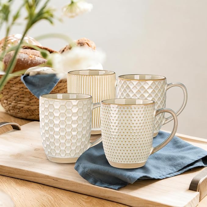 GBhome Large Coffee Mugs Set of 4, 16oz Handmade Embossed Coffee Mugs Set with Large Handle for Cappuccino/Latte/Tea/Hot Cocoa, Dishwasher & Microwave Safe, Khaki - Image 4