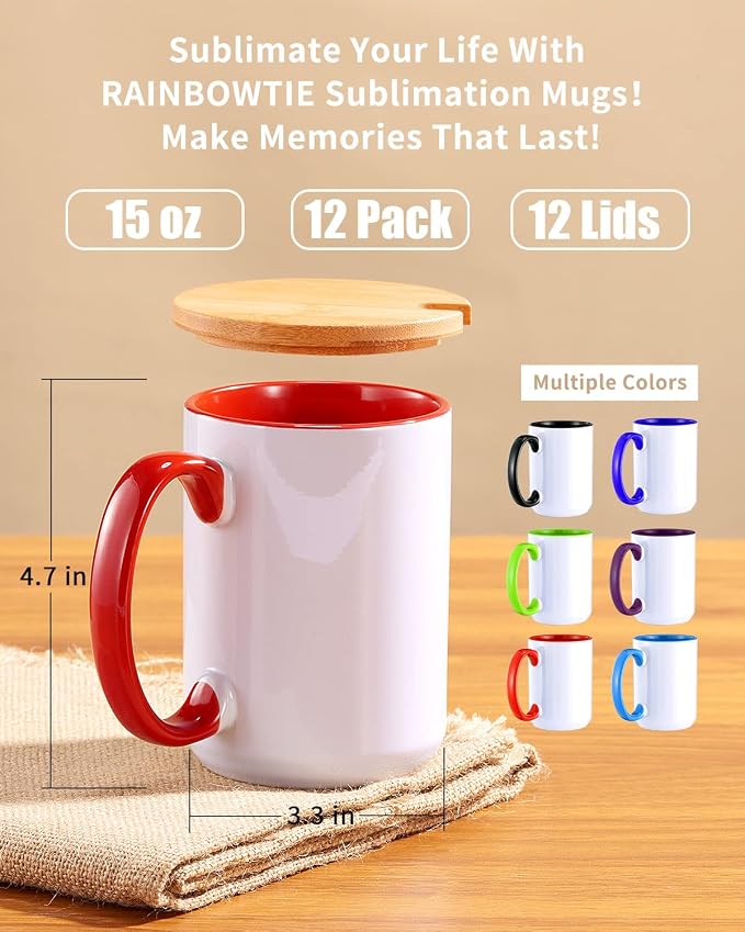 RAINBOWTIE 12PCS 15oz Sublimation Mugs with Bamboo Lid, 6 Assorted Colors | Ceramic Cup with lid and Bamboo, blank mugs for diy, father's day, mother's day, casual, beach, vacation, party,wedding - Image 2