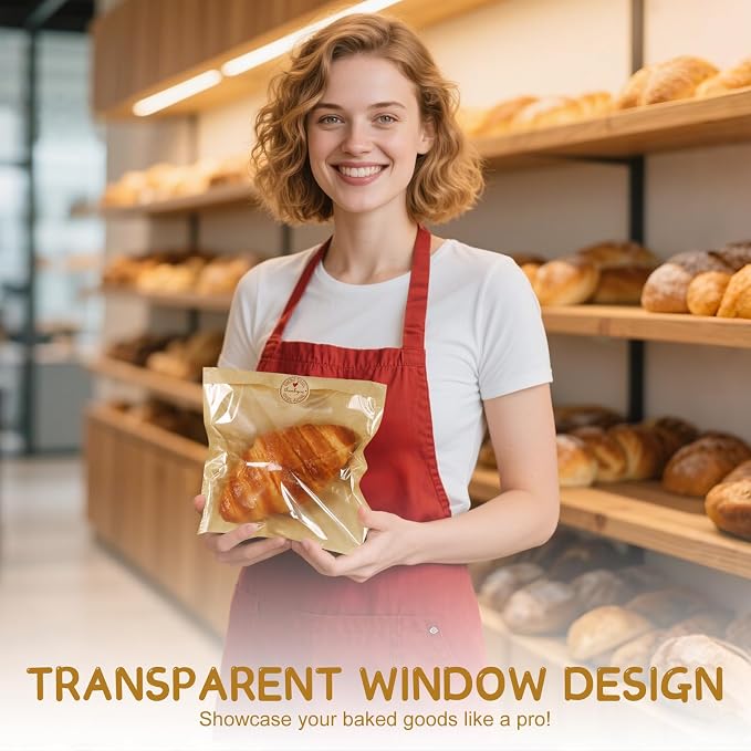 SUREHOME Paper Sandwich Bags 100 Pcs 7.1 X 7.5 In Kraft Brown Paper Bags with Window Individual Heat Seal Bakery Bag with Sticker Cookie Bag for Party Favors Snacks Treats Bread Baked Goods Packaging - Image 3