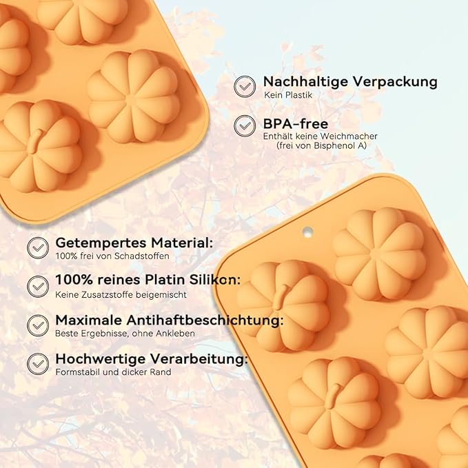 2 Pcs Pumpkin Silicone Molds for Chocolate 3D Fall Silicone Molds Halloween Thanksgiving Candy Baking Molds for Candy Ice Cube Cake Cupcake Decorations Jelly Jello Candle Soap
