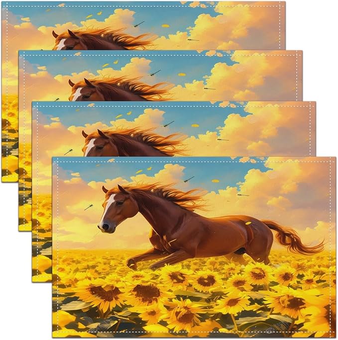 Feelyou Horse Placemats Set of 4 18"x12" Galloping Horse Table Place Mats Decor Sunflower Placemat for Kitchen Dining Table Women Men Cute Animal Decor Indoor Outdoor Decor Table Mats by Feelyou