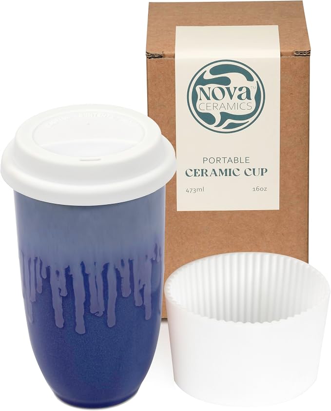 NOVA CERAMICS Ceramic Tumbler– Blue Ceramic Mug – Microwave & Dishwasher Safe Coffee White & Orange Tumbler - Leak-Proof Coffee Travel Mug – 16oz – Neptune by NovaCeramics