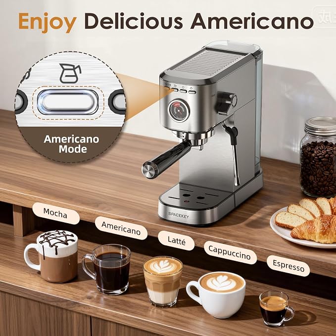Spacekey Espresso Machine with Milk Frother, 20 Bar Compact Expresso Coffee Machines for Home, Stainless Steel Espresso Maker with 39oz Removable Water Tank for Cappuccino Latte, Fast Heating, Silver - Image 4