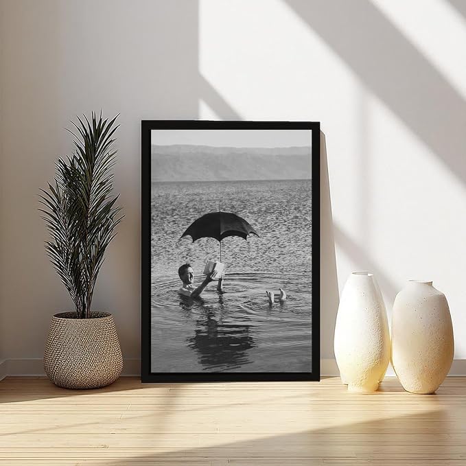 UXCBIA Man Floating in Lake With Book And Umbrella, Old Photography 1920s, Black And White Poster Canvas Poster Bedroom Decor Sports Landscape Office Room Decor Gift Black Frame 16x24in(40x60cm) - Image 6