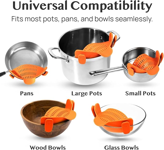 Kitchen Gizmo Snap N Strain Clip On Strainer for Pots and Pans - Adjustable Silicone Colander for Kitchen - Compact Clip-On Food Strainer for Draining Pasta and Vegetables - Orange - Image 6