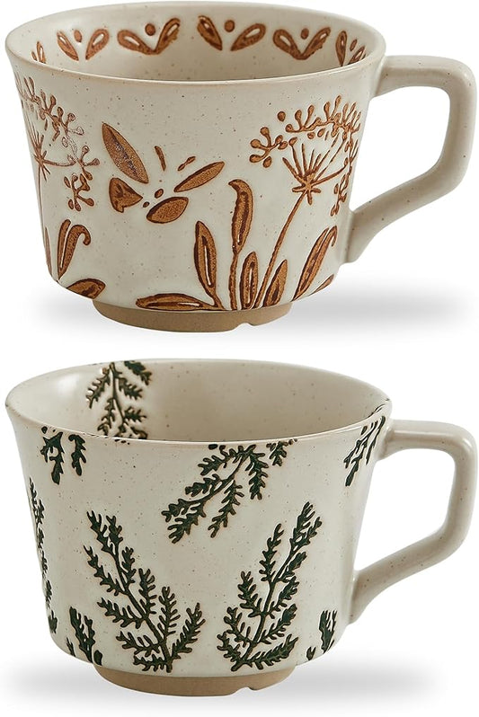 12oz Vintage Ceramic Coffee Mug Set of 2 - Handmade Stoneware Pottery Countryside Farmhouse Fall Autumn Tea Mugs with Big Handle for Latte,Cocoa,Dishwasher & Microwave Safe Cups (Plants) by SwuutKitchen