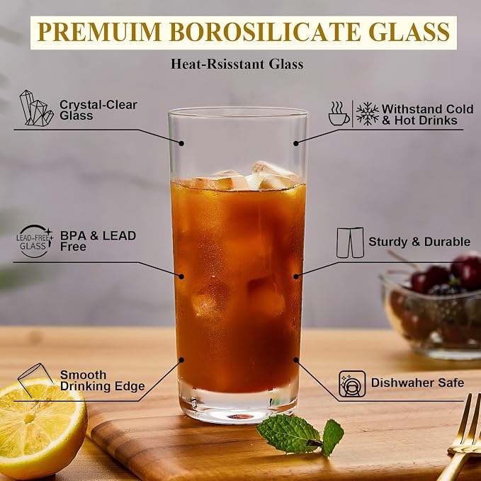 Drinking Glasses Set of 6, 16 oz Tall Drinking Glasses Highball Glassware, Borosilicate Glass Crystal Highball Glasses, Tom Collins Bar Glassware, Water Glass Cups for Cocktail, Mojito Bar Glassware - Image 3