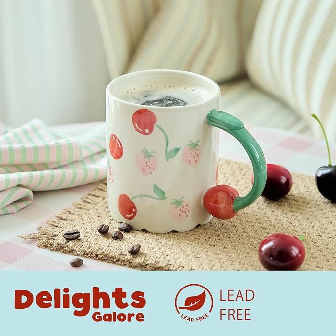 15oz Hand Painted Mug with 3D Cherry Handle - Strawberry & Cherry Pattern. Lead-Free, Microwave/Dishwasher Safe. Aesthetic Coffee Tea Cup Gift for Women & Girls-2pack - Image 4