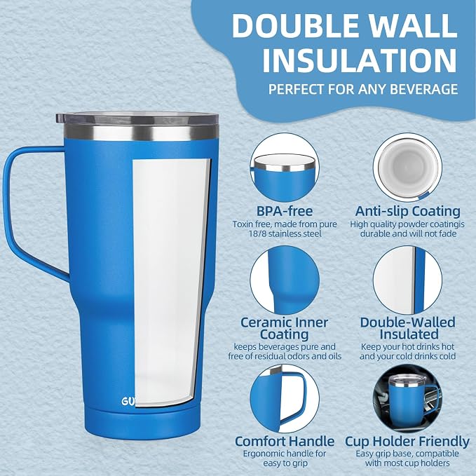 20 oz Insulated Coffee Mug with Ceramic Coating, Stainless Steel Travel Mug Tumbler with Handle Lid and Straw, Double Wall Leak-Proof Coffee Travel Mug Keeps Drink Hot and Cold (Blue) - Image 3