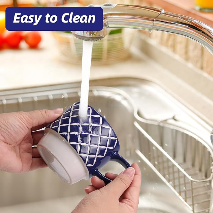 Schliersee 12 OZ Stackable Ceramic Coffee Mugs set of 6, Geometric Floral Pattern Small Mug, Blue White Porcelain Coffee Mug, Stacking Coffee Mugs, Tea Mug, Water Cup, Dishwasher Safe, Microwave Safe - Image 4
