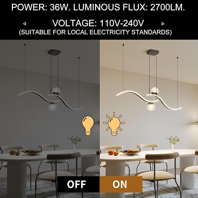 ORANOOR Modern LED Globe Pendant Light, 39inch Dimmable Hanging Chandeliers | 2-Wave Black LED Chandelier Kitchen Pendant Lighting Over Island Dining Room Light Fixtures Ceiling Hanging Over Table,2-Bulb - Image 7