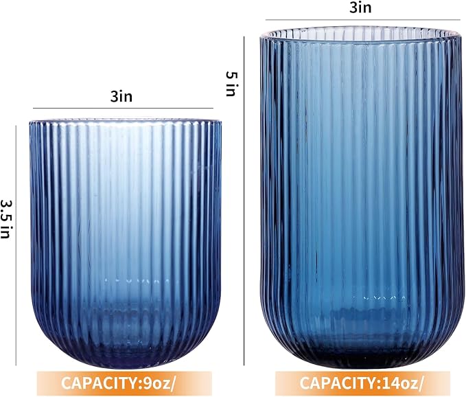Set of 8 Ribbed Glassware,4 Highball Glasses 14oz & 4 Rocks Drinking Glasses 9oz, Origami Style, Fluted Design, for Milk, Water, Cocktail, Juice, Beer, ToothBrush Cup, Gif (Blue) - Image 4