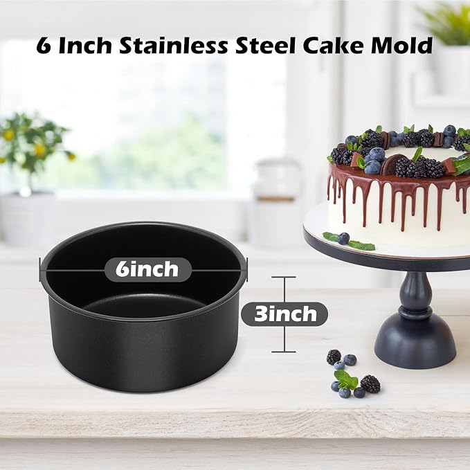 LIANYU 6 inch Cake Pans for Baking, Round Cake Pan Set of 4, Nonstick Stainless Steel Baking Tin Bakeware for Birthday Wedding Party, Non Toxic Coating, 3 Inch Deep, Black - Image 3