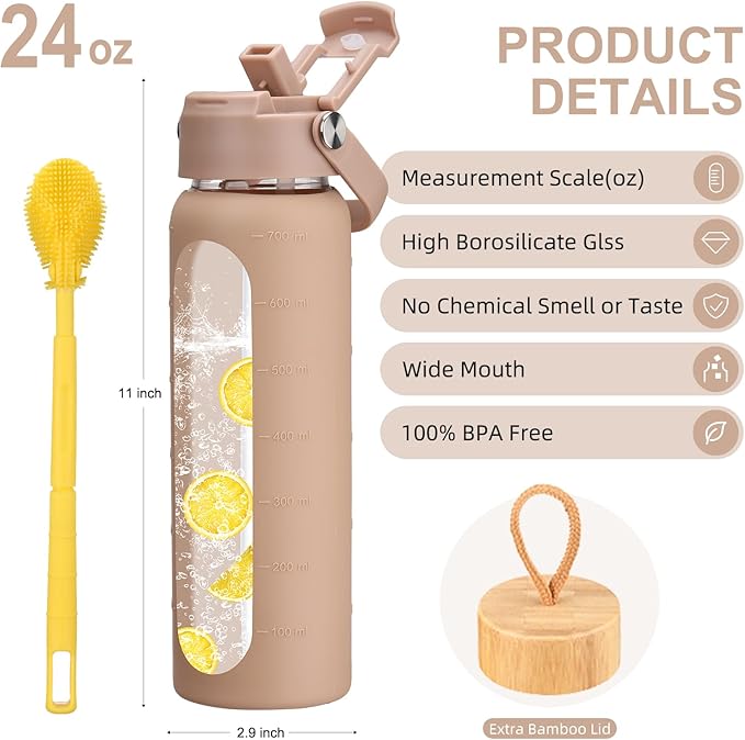 24 oz Glass Water Bottle with 2 Lids-Handle Straw Lid & Bamboo Lid,1 Liter Motivataional Tumbler Water Bottle Time Marker, Borosilicate Glass Water Bottles With Silicone Sleeve, Leakproof