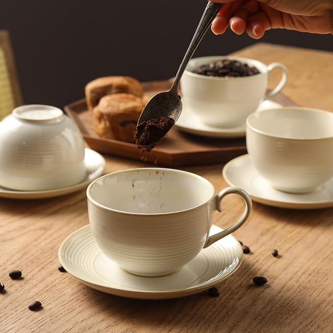 12Oz Coffee Cups with Saucers, Ceramic Espresso Cup Set of 4, Cappuccino Cups Set, Tea Mugs and Saucer, Microwave Dishwasher Safe Drinkware for Home, Cafe, Housewarming Gifts - Image 8