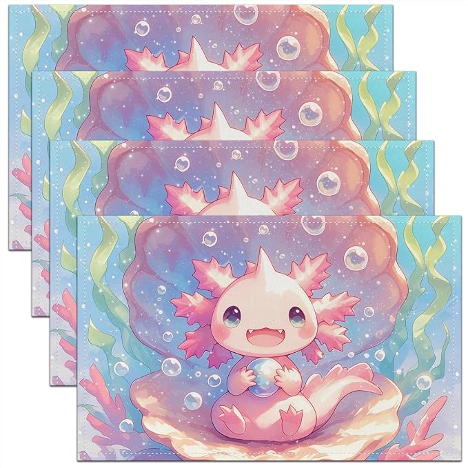 Feelyou Cute Axolotl Placemats Set of 4 12"x18" Cartoon Salamander Placemats for Dining Table Indoor Outdoor Kitchen Kawaii Ocean Sealife Table Mats Placemat Ocean Decor Table Place Mats Pink by Feelyou
