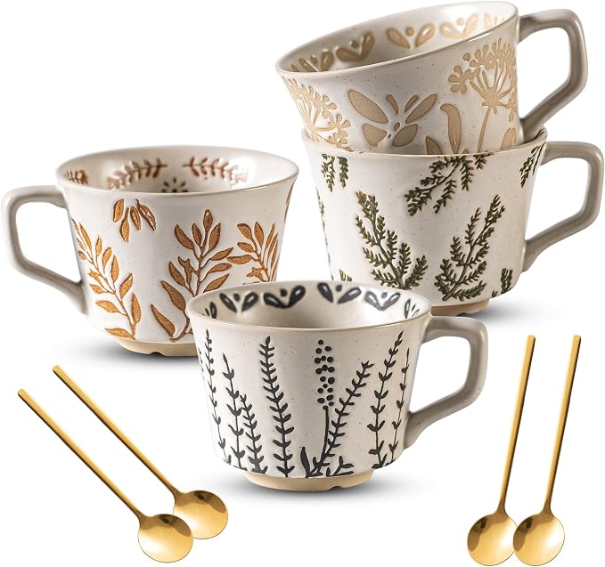 Ceramic Mugs 11 oz Unique Luxurious Cups Set of 4 with Premium Spoon, Mug for Coffee Milk Latte Cappuccino Tea, for Office Home Dishwasher Birthday Gift Microwave Freezer Safe Stoneware Mixed by Noevany