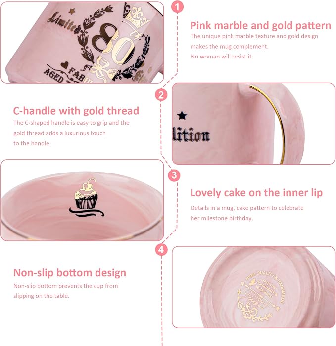 Biching 80th Birthday Gifts for Women, 14oz Pink Coffee Mug with Gold Pattern, Best Gifts for 80 Year Old Grandma, Mom, Sister, Friend, Fabulous 80 Limited Edition, 1946 Birthday Gifts for Women | Best Gifts for 80 Year Old Grandma, Mom, Sister, Friend... - Image 3