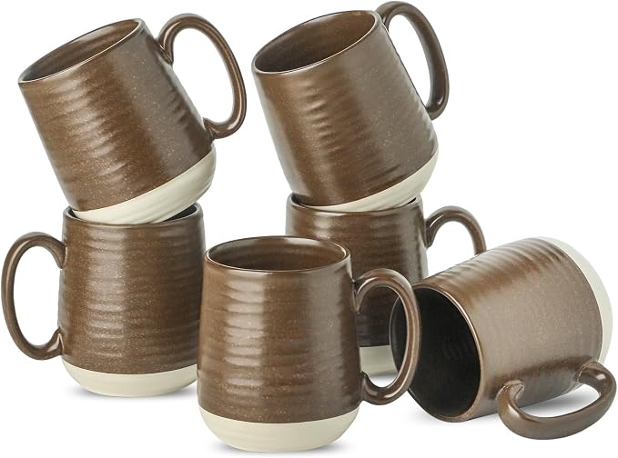 Hasense Coffee Cups Set of 6, 15 oz Stoneware Coffee Mugs with Big Handles, Modern Tea Cup for Indoor and Outdoor for Cocoa, Milk, Tea, Hot Chocolate, Soup, Valentine's Day Gifts, Brown by Hasense