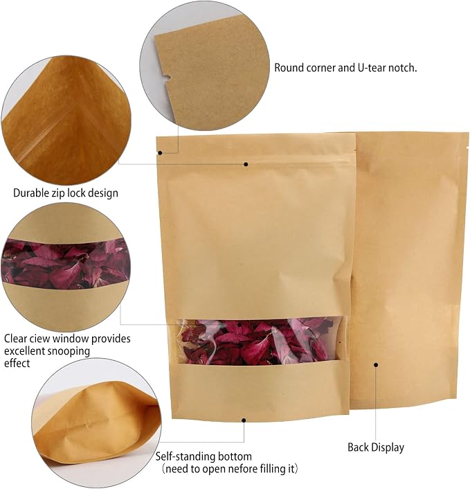 Tecbeauty 100pcs Kraft Paper Stand Up Pouches Zipper Lock Resealable Food Storage Bags with Window for Packing Cookies, Dog Treats (7.9 x 11.8 inch) - Image 3
