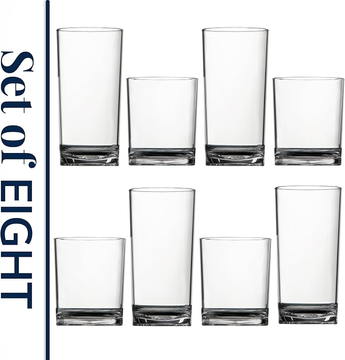 US Acrylic Classic Clear Plastic Reusable Drinking Glasses (Set of 8) 12oz Rocks & 16oz Water Cups | BPA-Free Tumblers, Made in USA | Top-Rack Dishwasher Safe - Image 8