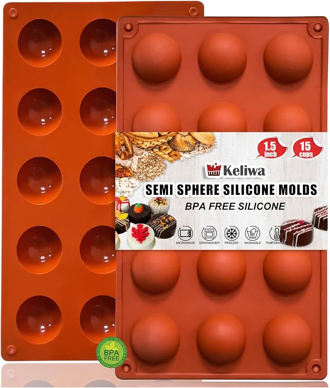 Small 15-Cavity Semi Sphere Silicone Molds Non-Stick,2 Packs Half Sphere Silicone Baking Molds for Making Jelly, Chocolates and Cake by keliwa