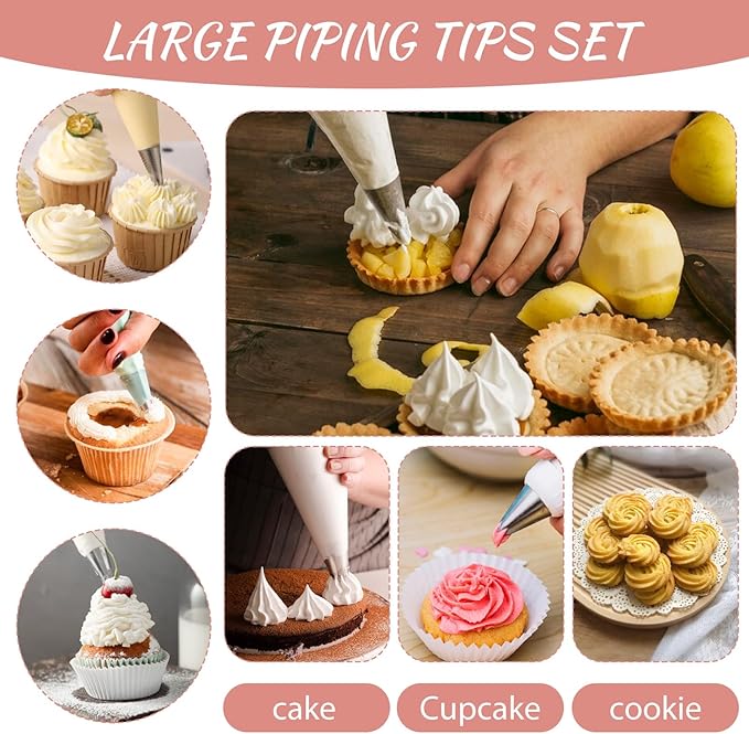 8PCS Large Piping Tips Set, Stainless Steel Cake Decorating Tips with 10pcs Piping Bags Pastry Cake Decorating Tip Baking Tools for Baking Cupcakes Decoration