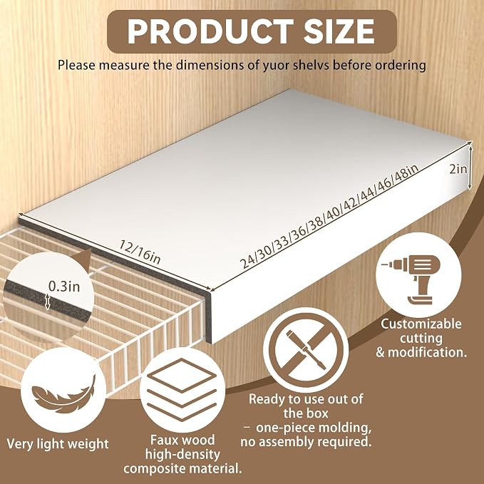 White 44x16in 5-Pack Faux Wood Shelf Covers for Wire Shelving – Cut with Utility Knife, No Tools, Waterproof & Fireproof – for Pantry, Closet, Laundry, Bathroom, Basement - Image 3
