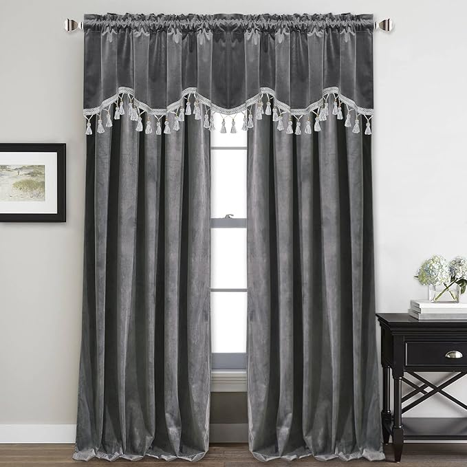 Grey Tassel Velvet Valances Curtains 52x18 Inch 2 Panels | Luxury Thick Tassel Tier Curtains for Windows, Privacy Elegant Home Decor for Kitchen, Bathroom, Rod Pocket - Image 7