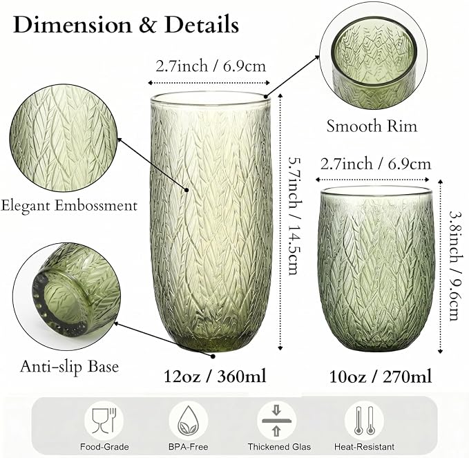 Green Drinking Glasses Set of 12, 12 Oz Highball & 10 Oz Cocktail Glasses, Green Kitchen Vintage Glassware Set, Floral Embossed Glass Tumbler Cups for Beer, Juice, Whiskey, Coffee(Leaf) - Image 2