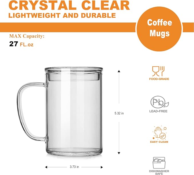 LUXU Glass Coffee Mugs (Set of 2),27oz Large Glass Coffee Cups Clear Glass Tea Cups Overnight Oats Containers with Glass Lid,Cute Coffee Bar Accessories,Iced Coffee Glasses for Latte,Cereal,Yogur - Image 3