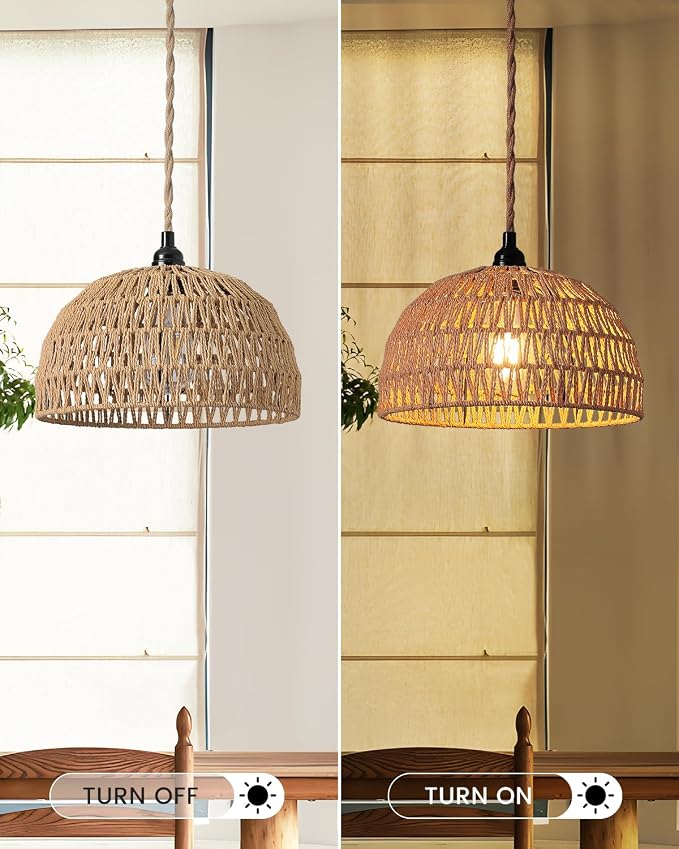 Rattan Hanging Lamp,Boho Pendant Lights,Plug in Cord Hanging Rattan Light,Plug Into Wall Outlet Pendant Light Fixture On/Off Switch for Living,Dinner Room,Bedroom,Kitchen,for E26,without Bulb - Image 2