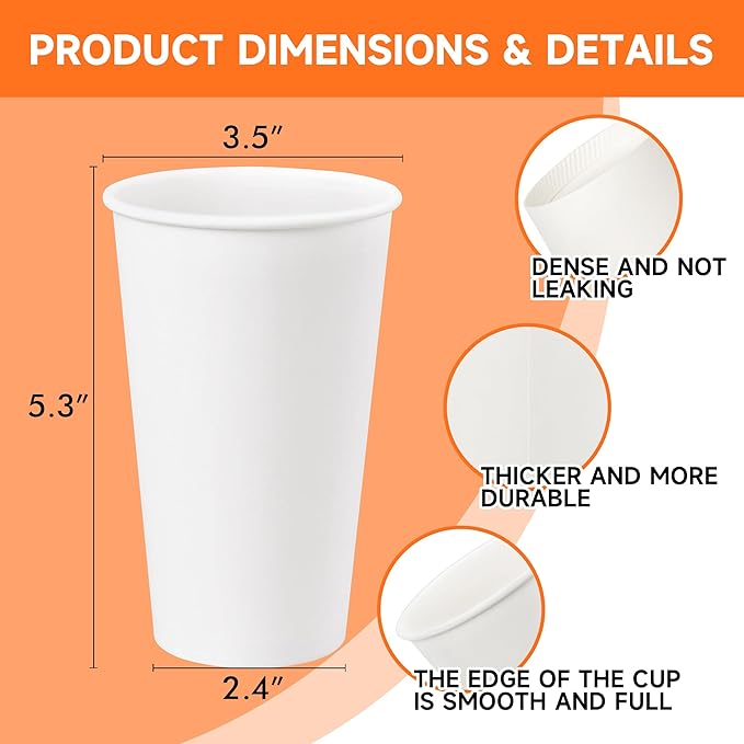 200 Pack Disposable Paper Coffee Cups 16 oz, White Paper Cups, Hot Beverage Drinking Cup for Coffee, Water, Tea, Juice, Espresso