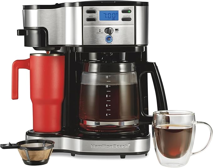 Hamilton Beach 2-Way Brewer Coffee Maker, Single-Serve and 12-Cup Pot, Black/Stainless Steel(49980A), Carafe | 12 Cup Glass Carafe | Black with Stainless Steel Accents | 49980RG by HamiltonBeach