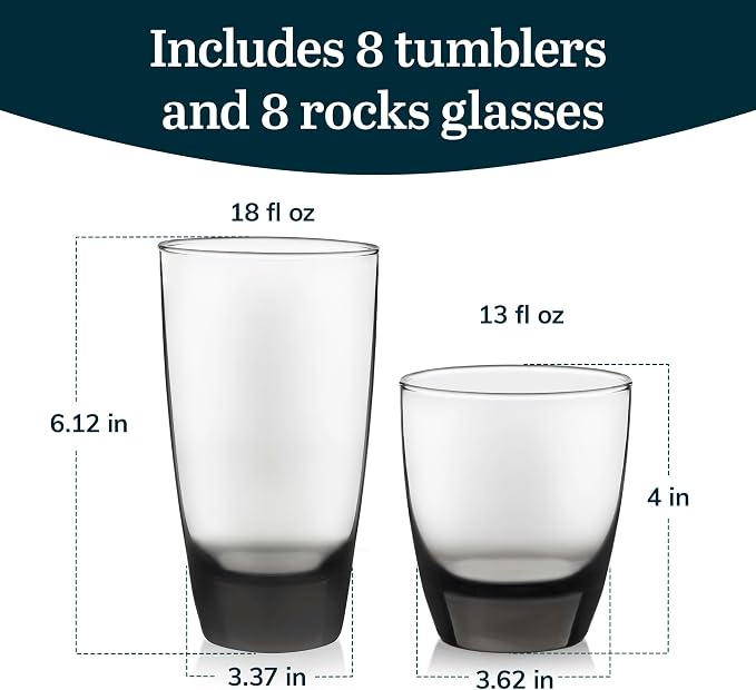 Libbey Classic Tumbler & Rocks Drinking Glasses Set of 16, Clear Glass Cups | 18 oz and 13 oz Capacities for Water, Soda, Cocktails, and More with Smoke-Tinted Bases and Dishwasher-Safe Cleanup - Image 3