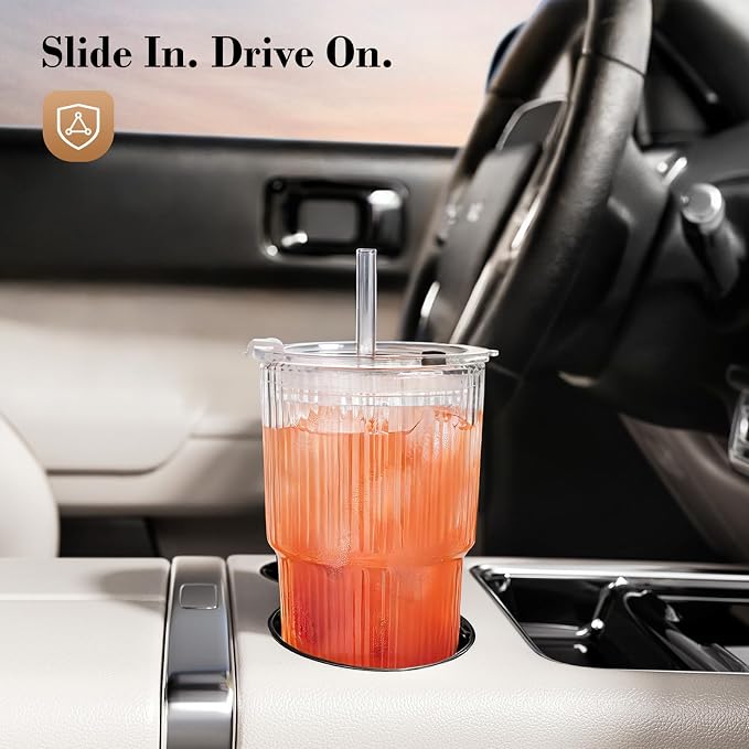 20oz Iced Coffee Cups with Lids, Ribbed Glass Cups with Lids and Straws | Thick Reusable Glass, Leak-Resistant Lids, Fits Most Car Cup Holders, For Iced Coffee, Tea, Smoothies and Cold Drinks - Image 3