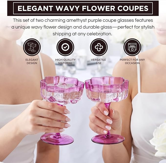 Khen Flower Vintage Wavy Glass Coupes Martini, Champagne & Cocktail Coupes - Set of 2-7oz Colorful Cocktail Glasses & Champagne, Prosecco, Mimosa Glassware Copyright Design - Amethyst Purple - Image 4