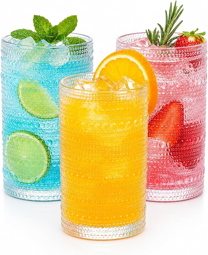 Highball Glasses Hobnail, Set of 8, Textured Embossed Beaded Design, 15.2 oz Cocktail Cooler Drinking Glassware Elegant Everyday Home Dinner Bar - Image 6