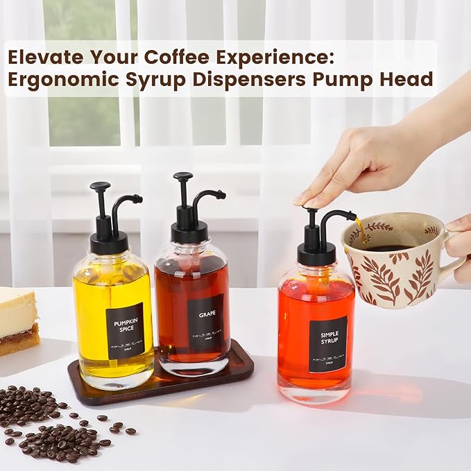 16.9oz Coffee Syrup Dispenser 4Pack- Glass Syrup Dispenser Kit for Coffee Bar Accessories for Home Coffee Bar/Premium Labeled Barista Kit, Matte Black
