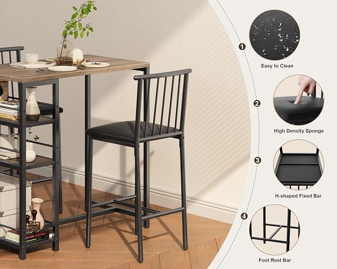 Gizoon 3-Piece Bar Dining Table Set for 2, Kitchen Table w/Shelves Grey | Space-saving grey bar height table set with 3 storage shelves. Includes 2 high-density PU cushion chairs that tuck away. - Image 4
