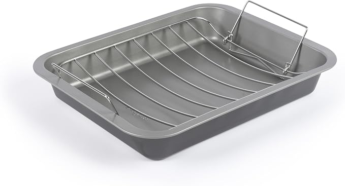 Salter Essentials Roasting Tray 41 Cm, Rectangular Carbon Steel | Non-Stick PFOA-Free Coating, Dishwasher Safe, High Sides For Roasting Joints And Vegetables, Made In The UK, Silver Interior by Salter