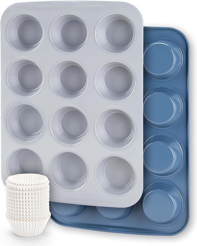 CARTMAN 2-Pack Ceramic Muffin Pan 12 Cup with 200 Cupcake Liners, Non-Stick & Non-Toxic Baking Tin for Healthy Muffins and Cupcakes, Perfect for Home Kitchens and Parties by CARTMAN