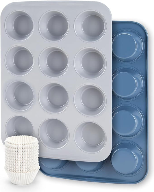 CARTMAN 2-Pack Ceramic Muffin Pan 12 Cup with 200 Cupcake Liners, Non-Stick & Non-Toxic Baking Tin for Healthy Muffins and Cupcakes, Perfect for Home Kitchens and Parties by CARTMAN