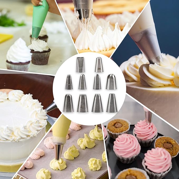 Piping Tips, 10 Pcs Stainless Steel Icing Piping Nozzles Cake Decorating Tips Baking Tool for Cream Cupcake Cookie