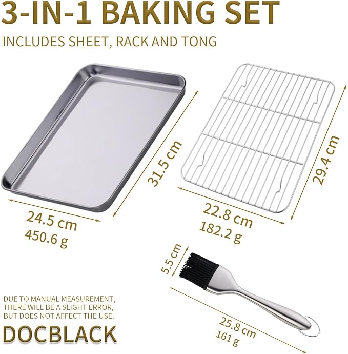 DOCBLACK Baking Sheet with Wire Rack and Silicone Pastry Basting Brush Set, Stainless Steel Cookie Sheet Baking Tray & Cooling Rack & Silicone Food Brush for Cooking and Oven, Dishwasher Safe -Silver - Image 2